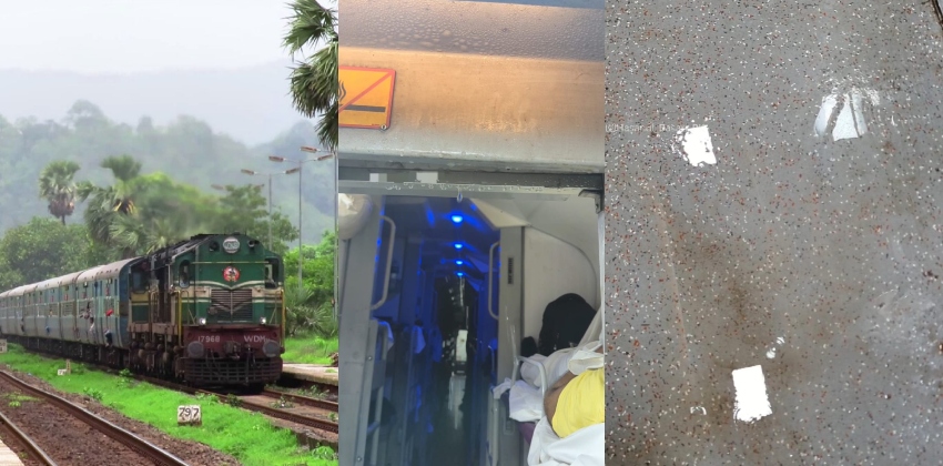  കനത്ത മഴയിൽ ചോർന്നൊലിച്ച് മംഗള- ലക്ഷ്വദീപ് എക്‌സ്പ്രസ്‌; എ സി കോച്ചിൻ്റെ ഒരു ബോഗിയാണ് ചോർന്നൊലിച്ചത്