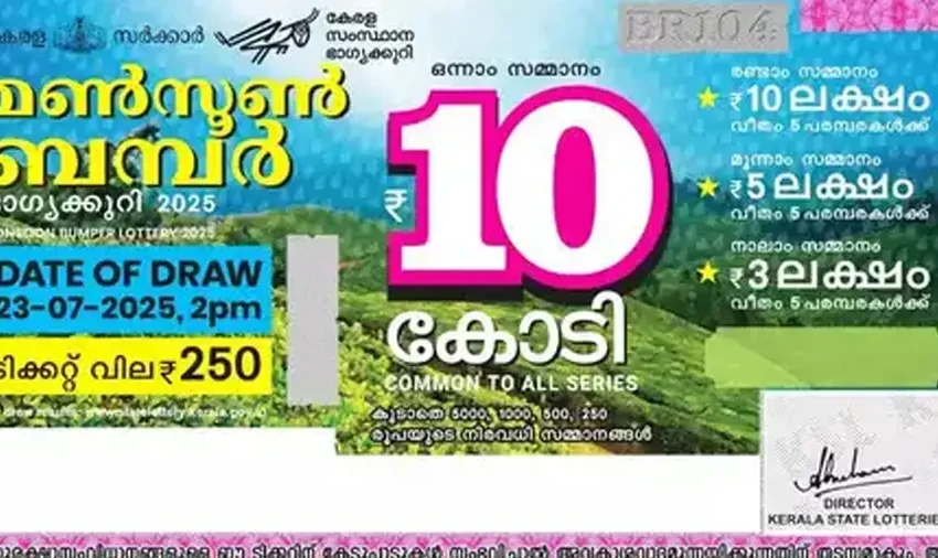  പത്ത് കോടിയുടെ മൺസൂൺ ബമ്പർ അടിച്ചത് കണ്ണൂരിൽ വിറ്റ ടിക്കറ്റിന്; എം സി 678572 നമ്പർ ടിക്കറ്റിനാണ് സമ്മാനം